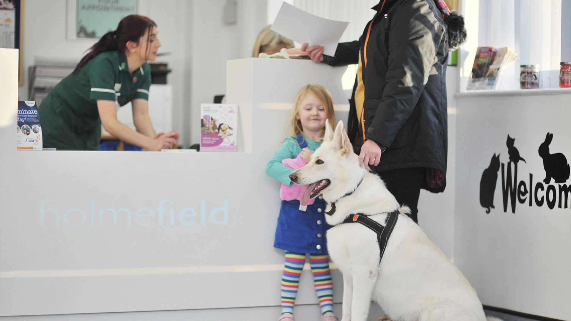 White dog and family in reception